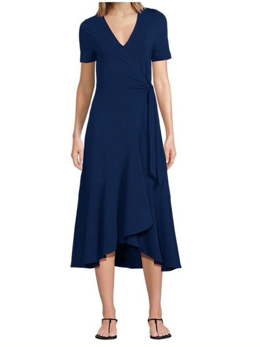 Lands’ End Faux Wrap V-Neck Cotton Modal Jersey Midi Dress Navy Blue - Size 1X